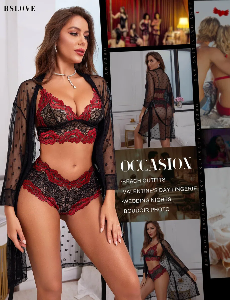 RSLOVE Lenceria Sexy para Mujer Conjunto de lenceria de encaje con albornoz de malla Conjunto de 3 piezas Ropa de dormir Ropa de dormir