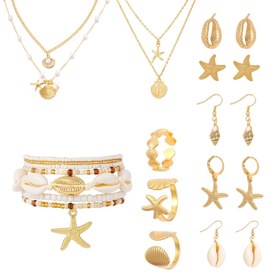 Juego de Joyas de 17 Piezas para Mujer Conjunto Bisutería con Forma de Estrella de Mar y Concha Chapados en Oro Collar en Capas Perla Pendientes Pulsera Anillos para Vacaciones Junto Al Mar