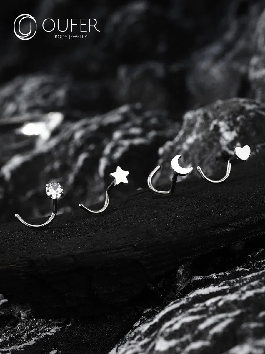 OUFER Piercing de nariz de titanio G23 de 20 g, 4 unidades, en forma de S, joyería de nariz de circonita cúbica transparente, tornillo de nariz de 7 mm, piercing de nariz con forma de corazón,