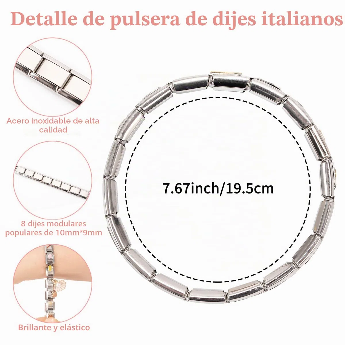 Pulsera italiana con 8 colgantes italianos con herramientas de apertura, módulos extraíbles de 9 mm para pulseras italianas, de acero inoxidable italiano para mujer