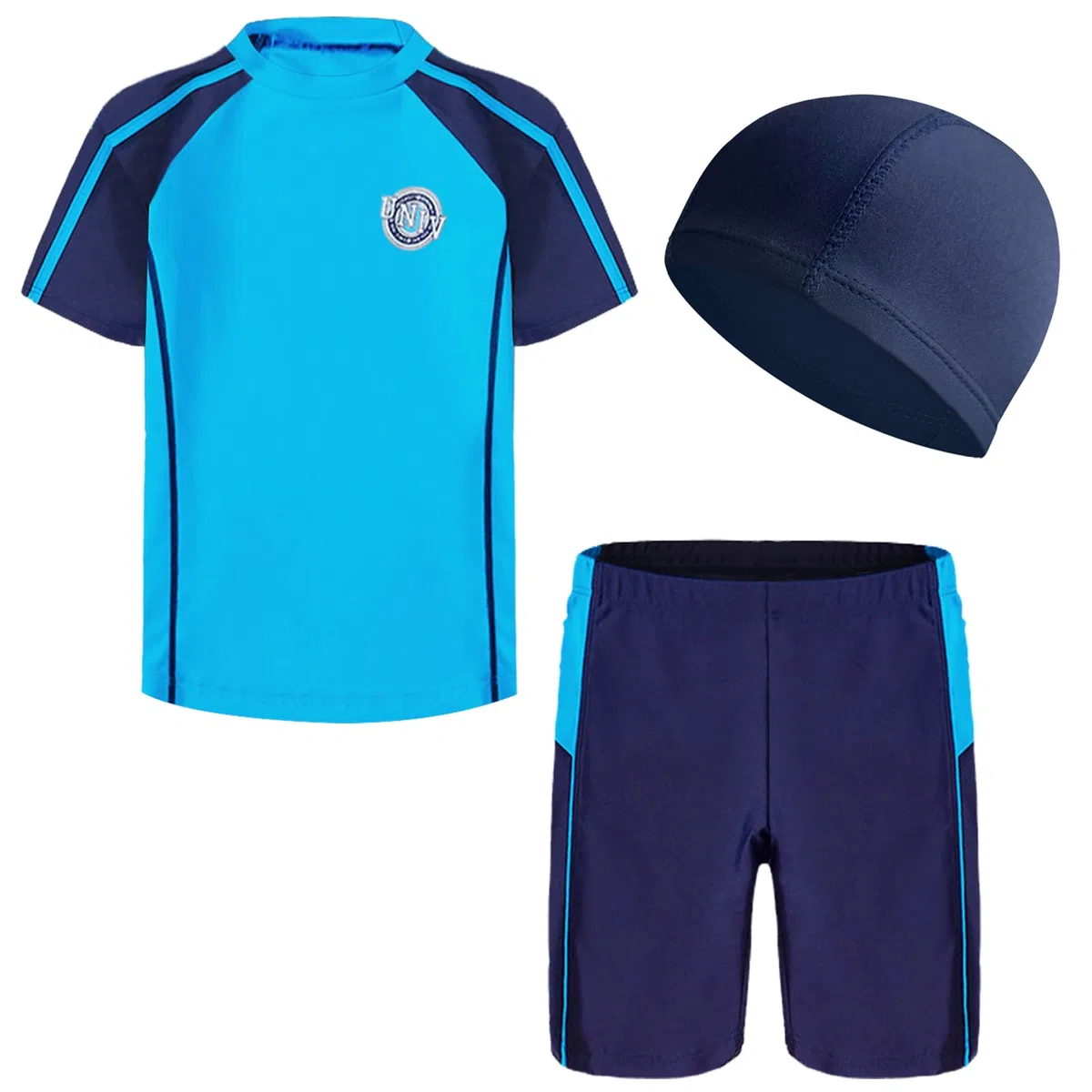 3 Piezas Bañadores Niño, Traje de Baño para Niños Grandes y Camiseta de Manga Corta con y Gorro de Baño, 10 a 12 Años