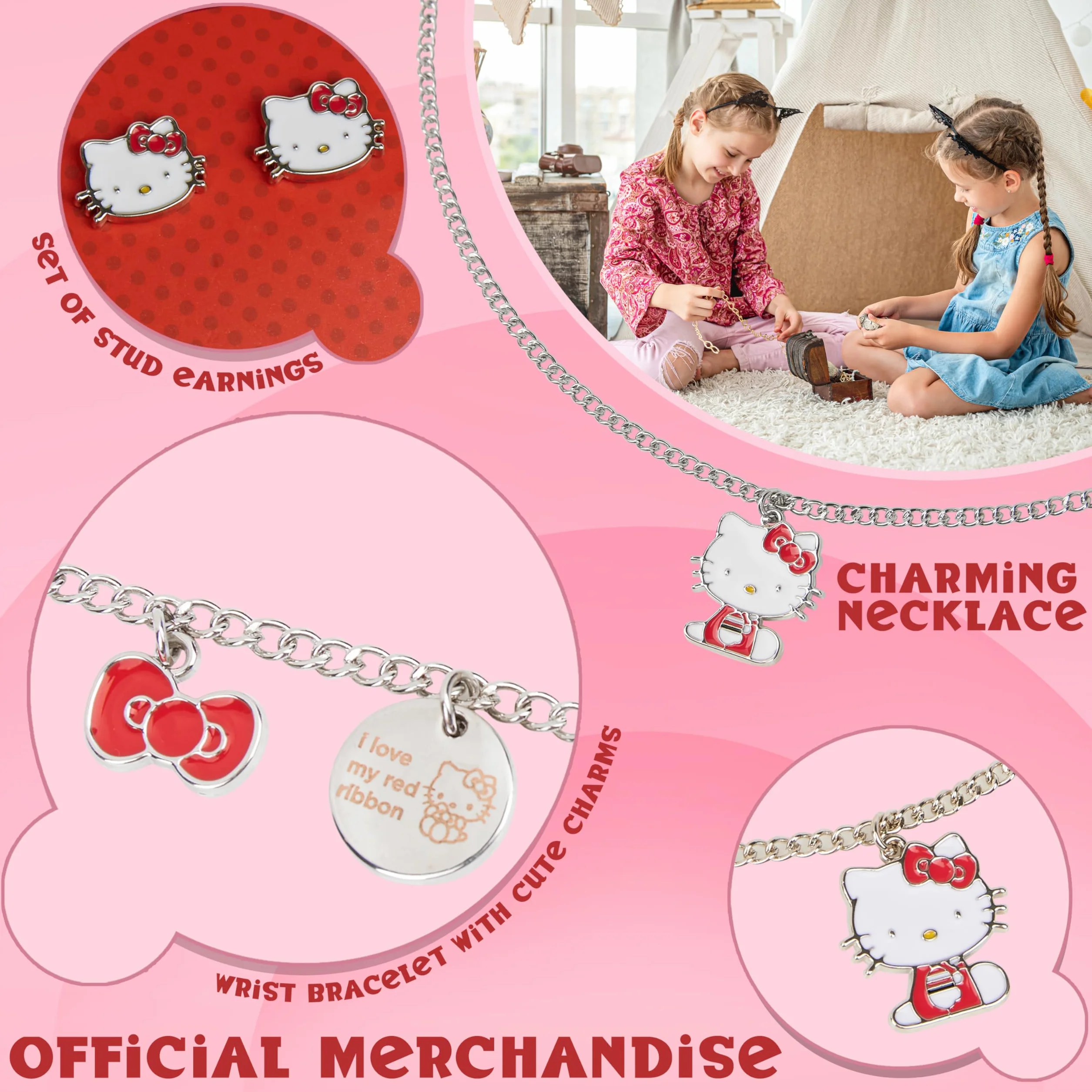 Hello Kitty Conjunto de Joyas para Niñas y Adolescentes – Colgante, Pulsera y Juego de Pendientes