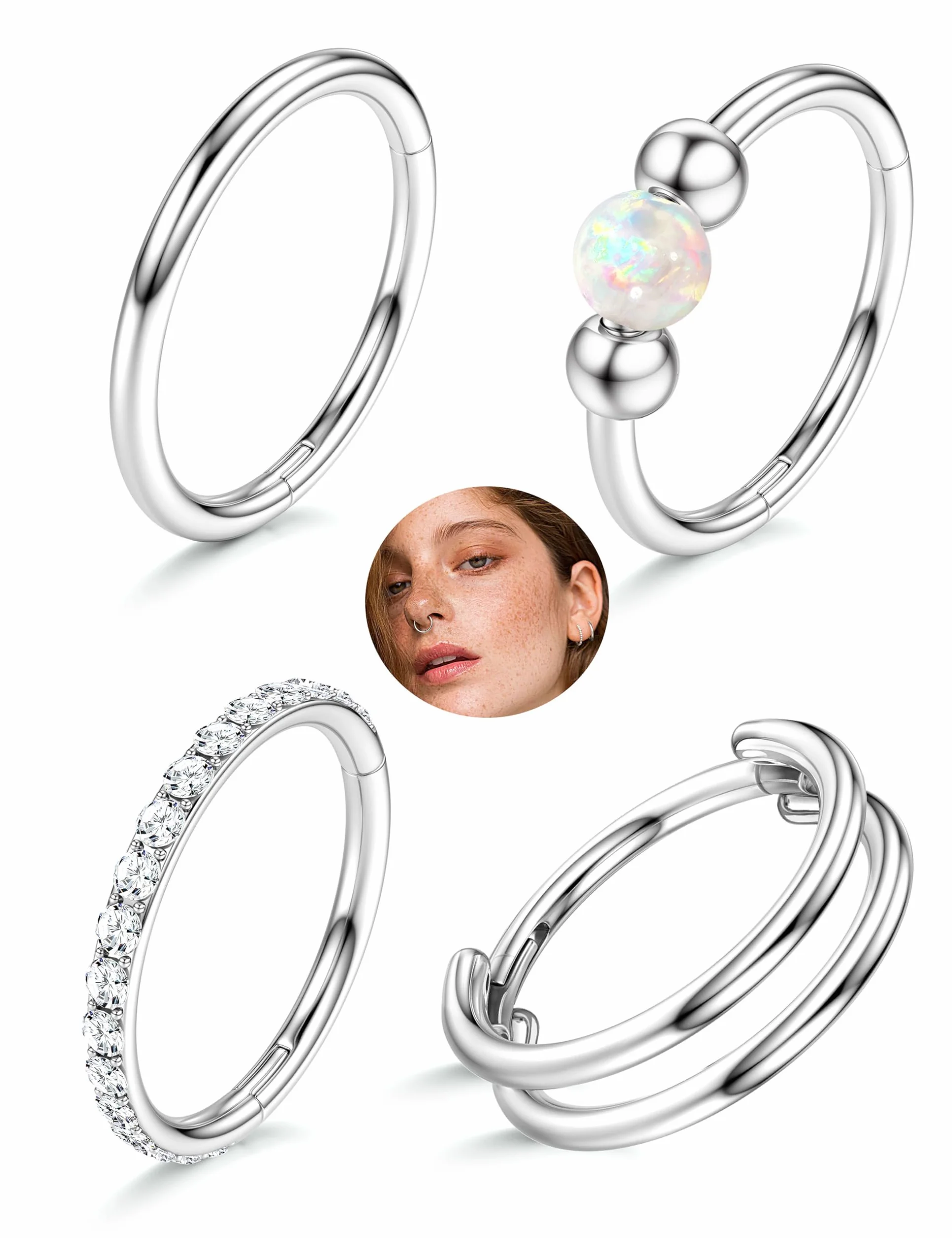 Piercing Nariz Aro Acero Quirurgico Para Mujer Hombre,HipoalergéNico Clicker Piercing Oreja Helix Tragus Septum Daith CartíLago 16/18/20G,Hinged Segmento Pendientes Aro Acero Inoxidable 6mm/8mm/10mm
