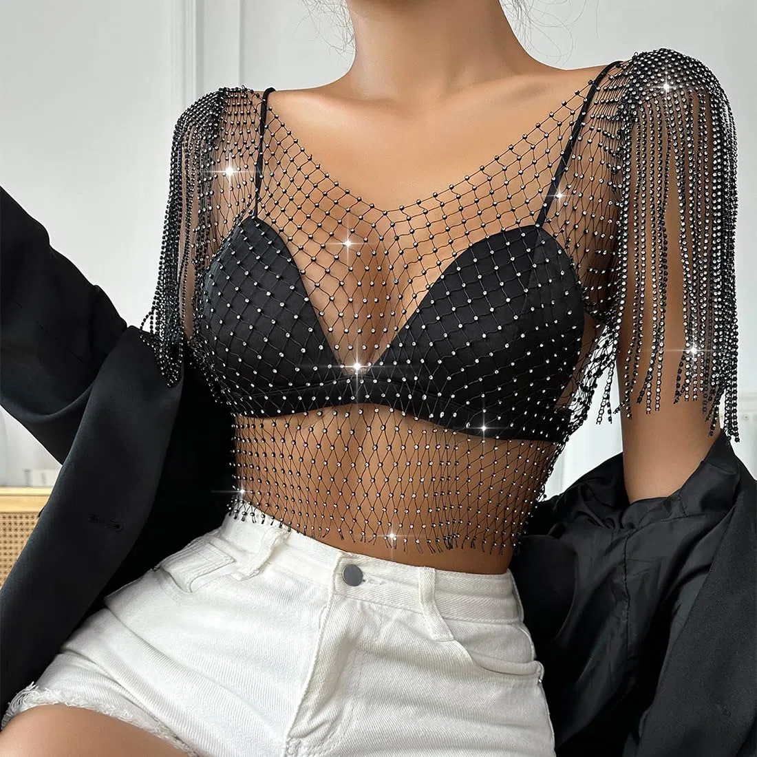 Cadena de cuerpo de malla de cristal hueco con diamantes de imitación negros, joyería corporal brillante, accesorios para el cuerpo para mujeres, niñas, discotecas, festivales