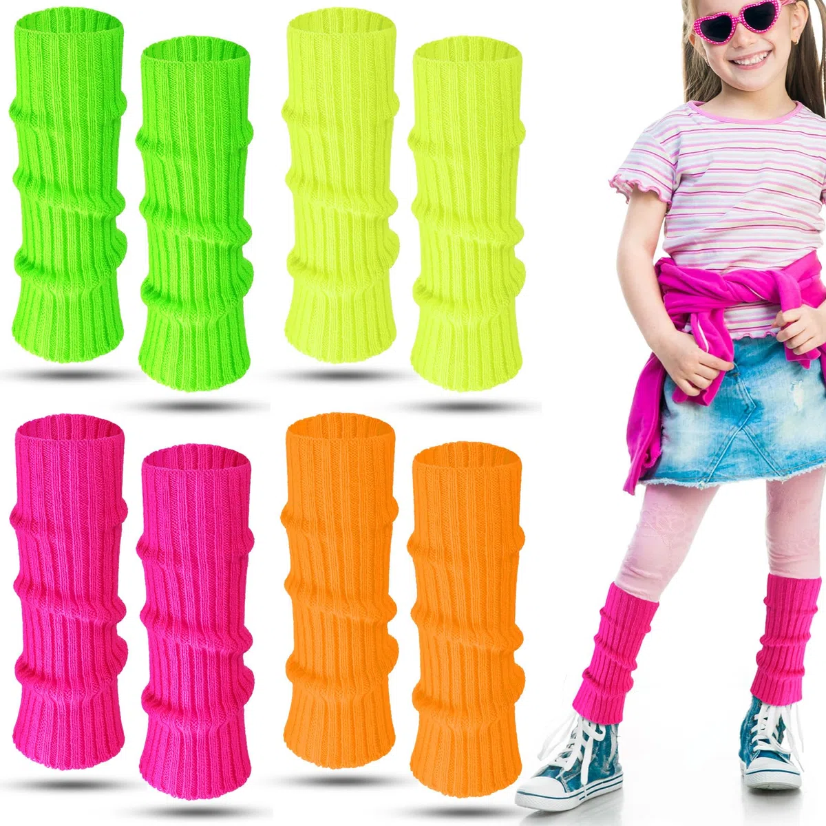 Giegxin 4 pares de calentadores de piernas de neón de Halloween para niñas y niños pequeños, calcetines de punto acanalado de los años 80, accesorios para fiesta de yoga