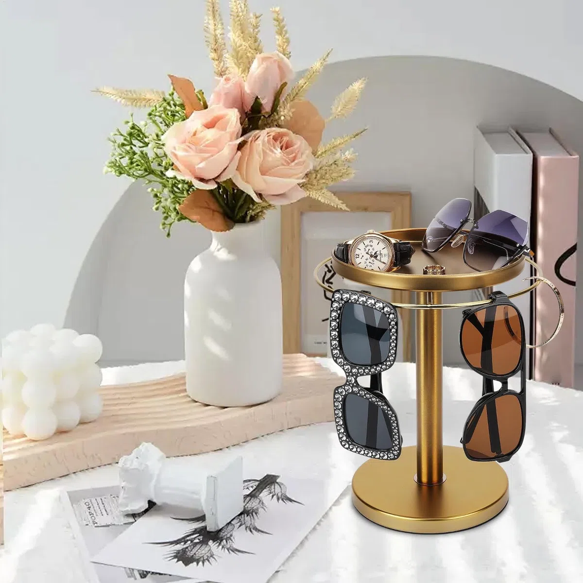 Organizador giratorio para gafas de sol, rotación de 360 grados, organizador de almacenamiento de joyas, diseño innovador, organización sin esfuerzo de 24 cm para relojes, pulseras, anillos