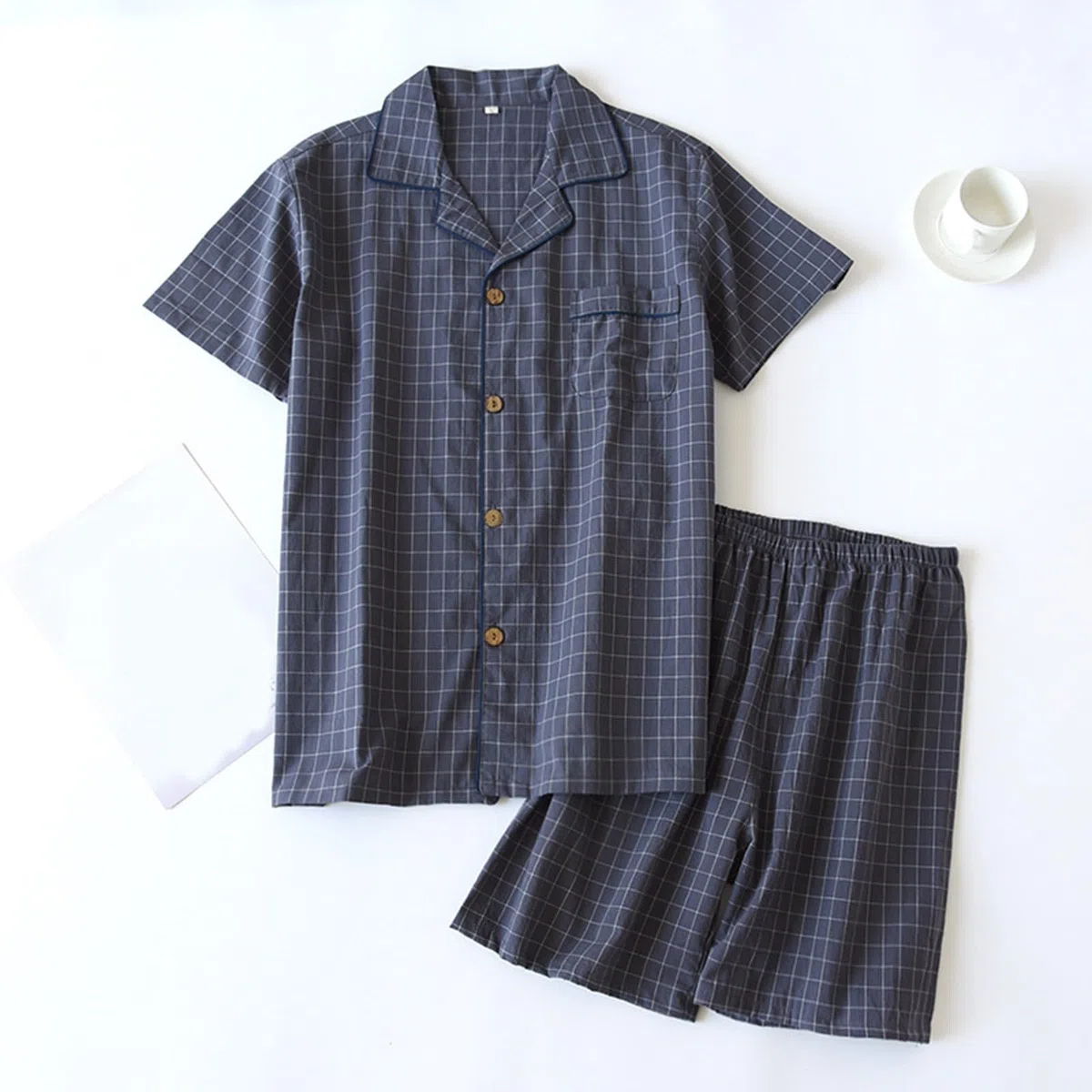 Pijama corto de algodón para hombre, con botones, verano, dos piezas, camiseta de manga corta, pantalones de pijama, conjunto de ropa de noche