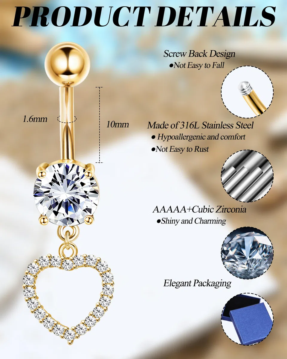 ORAZIO 8 Pcs Dorado Piercing Ombligo Acero Quirurgico 10MM Plata Belly Piercing Para Mujer Mariposa Corazón Circón Piercing Ombligo Rosa Azul Para Mujer