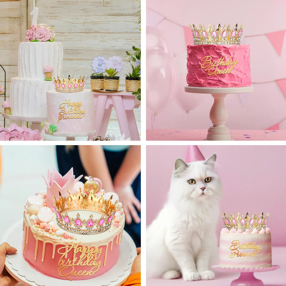 Corona de Cumpleaños para Tartas para Mujeres y Niñas Corona de Princesa Reina Tiara de Cumpleaños para Pastel con 4 Decoración para Tartas de Happy Birthday Queen Princess