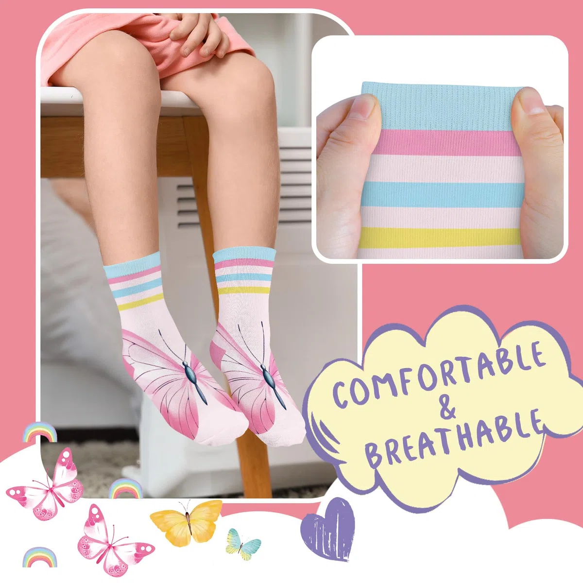 6 Pares Calcetines Niñas Infantiles con Patrones Coloridos Lindas Mariposas y Rayas de Arco Iris Calcetín Crew Tobilleros Suaves Regalos 3-14 años Tamaño 26-38