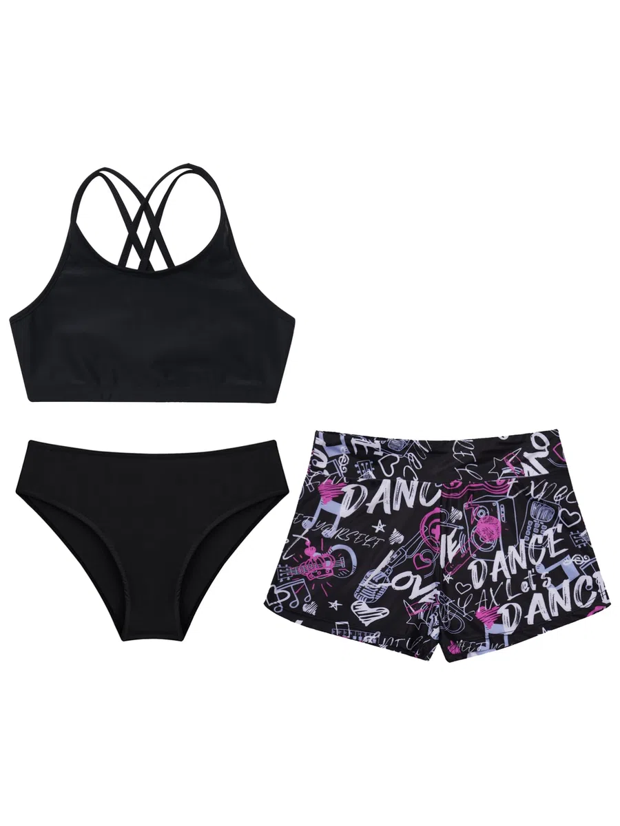 Alvivi Traje de Baño de Tres Piezas para Niñas Bañador Deportivo con Crop Top y Braga Bikini Braguita y Pantalones Corto de Natación Ropa de Playa Piscina Surf 4-16 Años