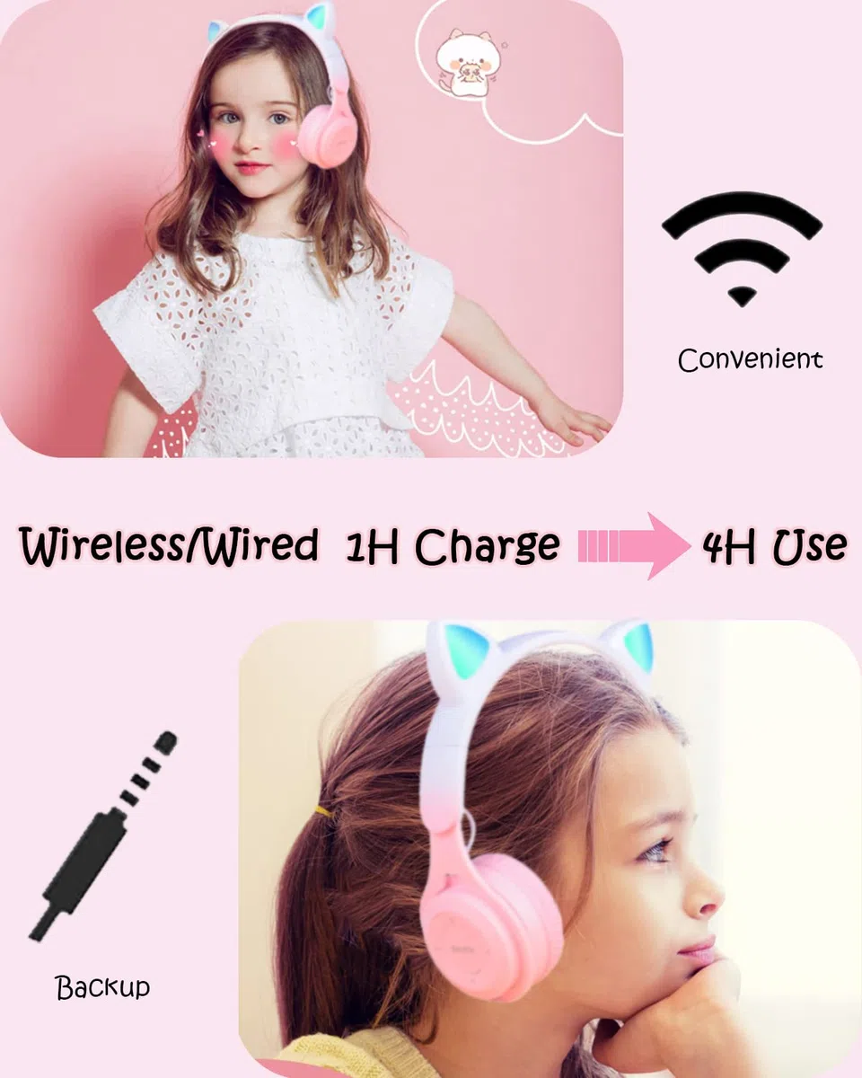 arVin Auriculares para niños, auriculares inalámbricos para niños con micrófono, orejas de gato con luz LED para niños, auriculares plegables sobre la oreja para niñas y niños