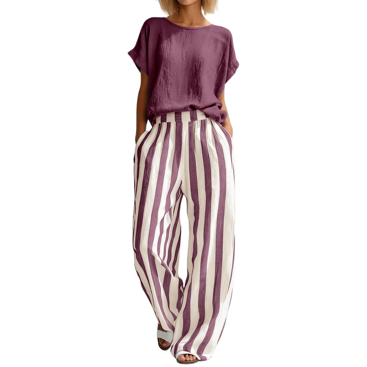Generisch Traje de ocio para mujer de dos piezas de algodón y lino, juego de 2 piezas, cuello redondo, manga corta, parte superior con pantalones de cintura alta, elegante, cómodo, transpirable, traje
