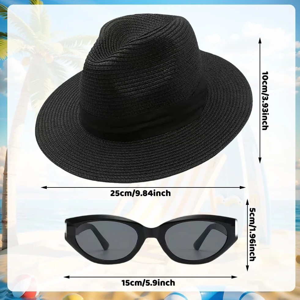 Set Sombrero Panama de Paja de ala Ancha y Gafas de Sol para Mujer, Sombrero de Playa Plegable, Gafas de Sol UV400 Retro para Viaje, Verano y Exterior, Negro