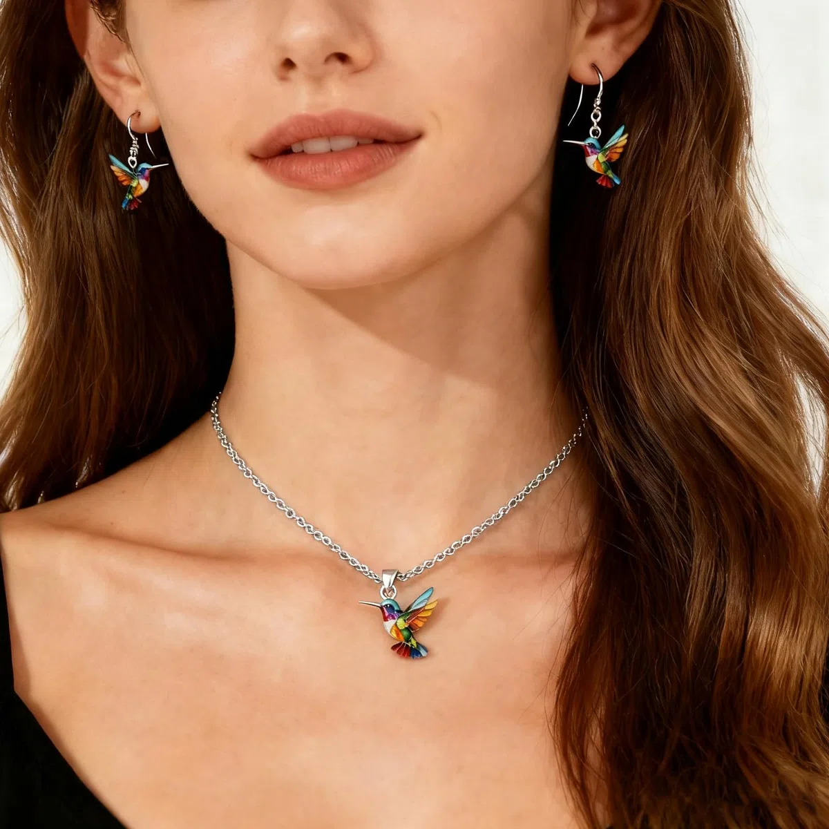 Collar de colibrí, aretes de gota de colibrí, colgante colorido acrílico 2D, regalos de Navidad para mujeres amantes de los pájaros