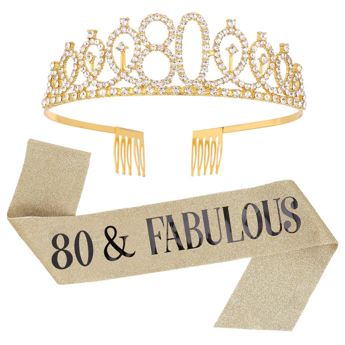 SUSSURRO "80 y fabuloso juego de tiara de fajas y diamantes de imitación, regalo de 80 cumpleaños para mujeres suministros de fiesta de cumpleaños (dorado)
