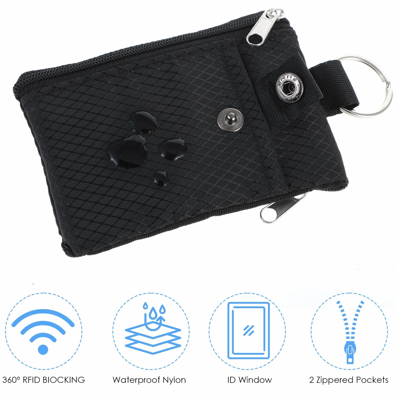 Cartera pequeña anti-RFID resistente al agua con cremallera y titular de la insignia con cordón llavero y ventana para tarjetas de identificación para mujeres, hombres, niños y niñas, para tarjetas