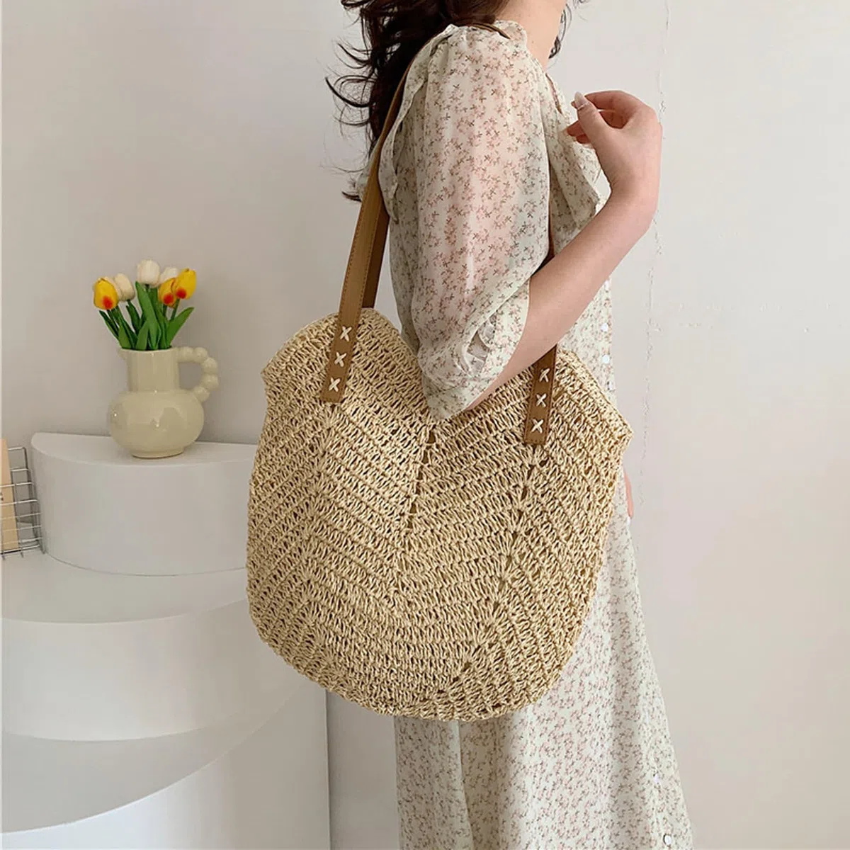 Bolso de Hombro de Paja, Bohemio Casual Bolso de Playa de Verano, Grande con Cremallera, Verano Bohemio Monederos Mujer, para Viajes A La Playa, Vacaciones, Citas