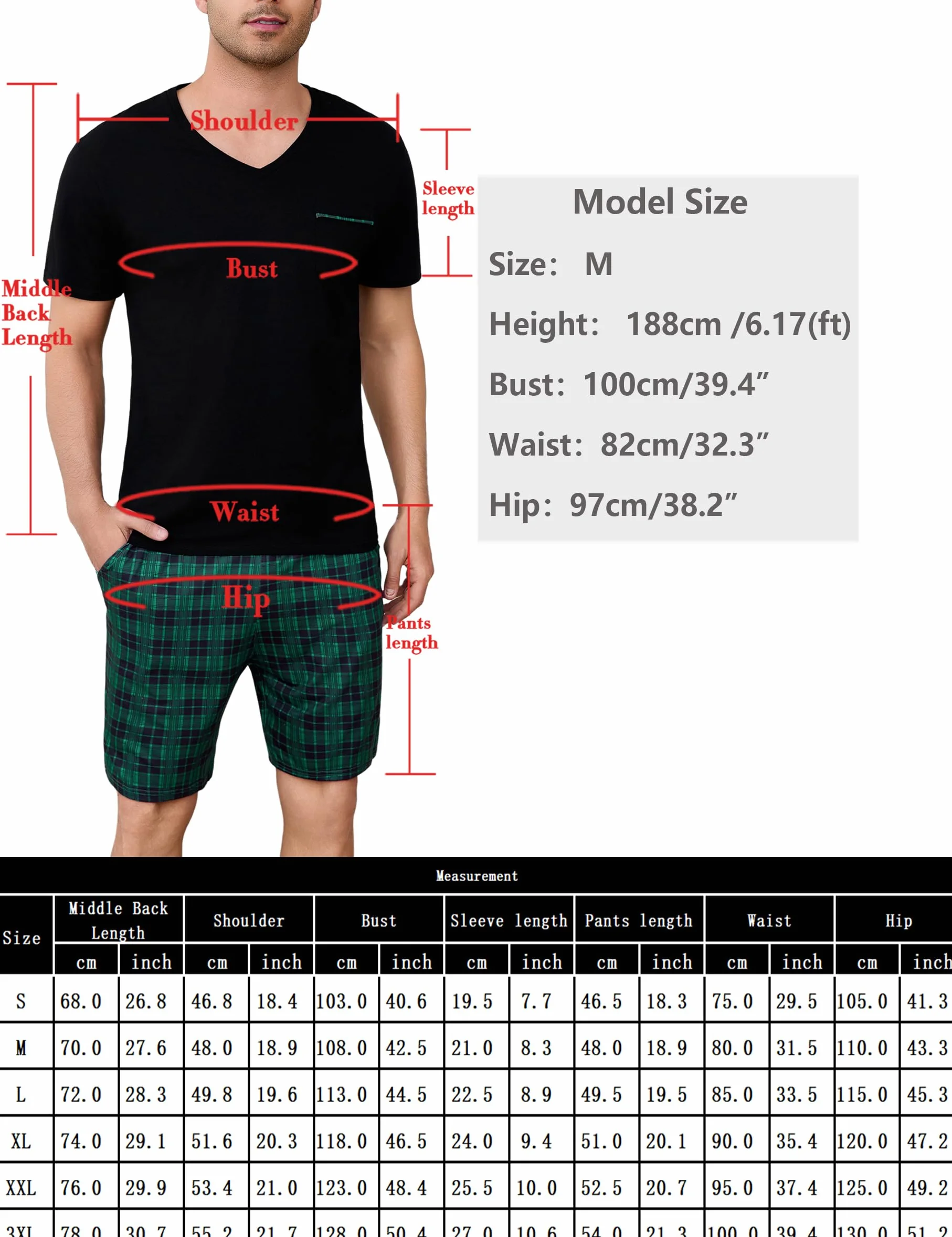 Bresdk Pijamas Cortos Hombre Algodón Verano Camisa de Manga Corta con Cuello en V y Pantalones Cortos a Cuadros Pijama 2 Piezas con Bolsillos Pecho