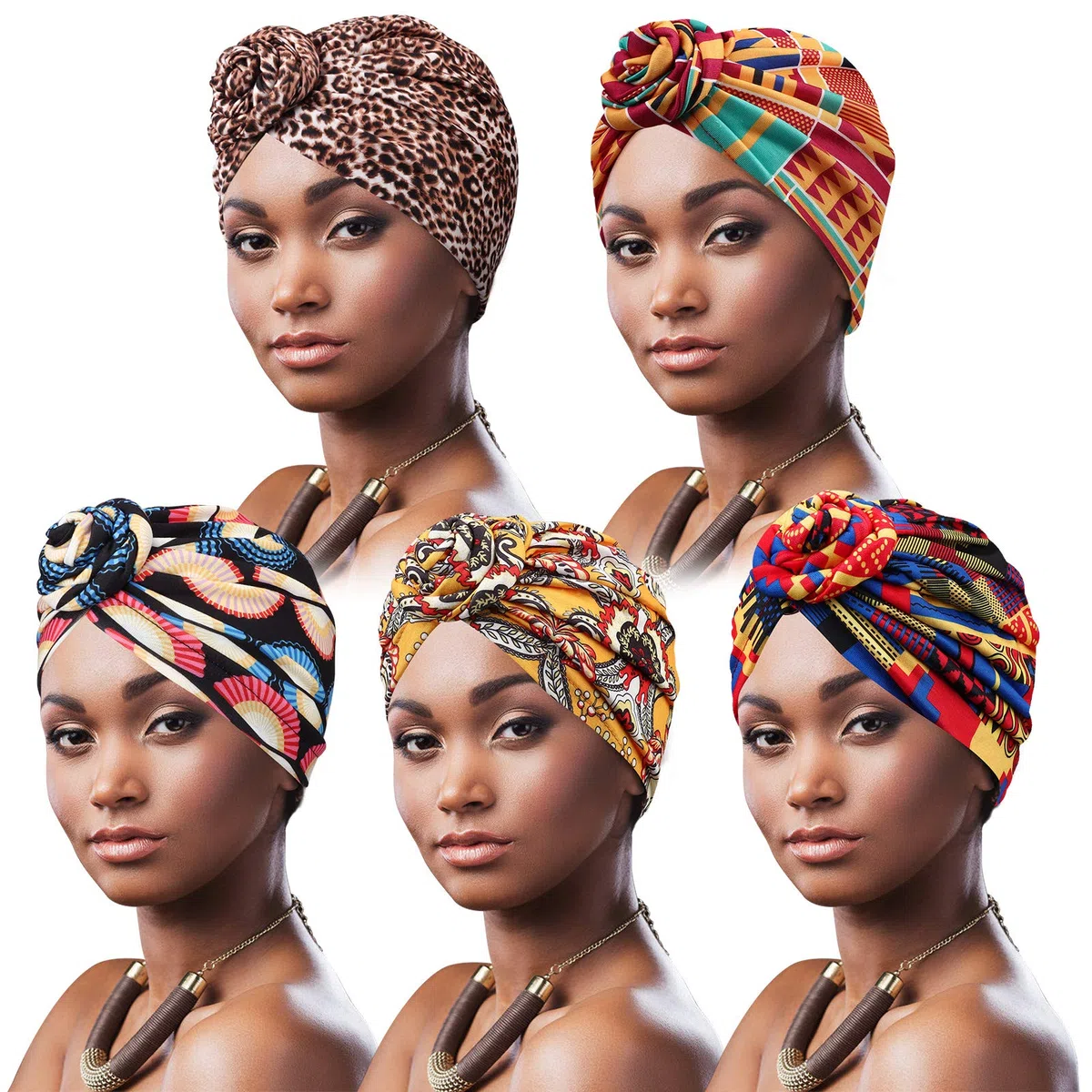 DRESHOW 5 Piezas Africano Turbante para Mujer Gorro de Nudo Pre Atado Suave Pañuelo de Cabeza Plisada de Moda Gorra de Dormi