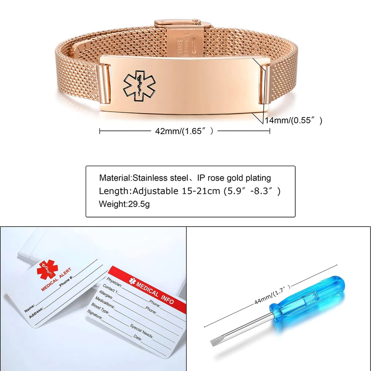 VNOX Personalizable Pulseras para Hombres Médica : Mujeres y Niños, Ajustable, Acero Inoxidable, Pulsera de Identificación Médica de Emergencia, Grabado Pulseras, Negro, Plata, Rosa