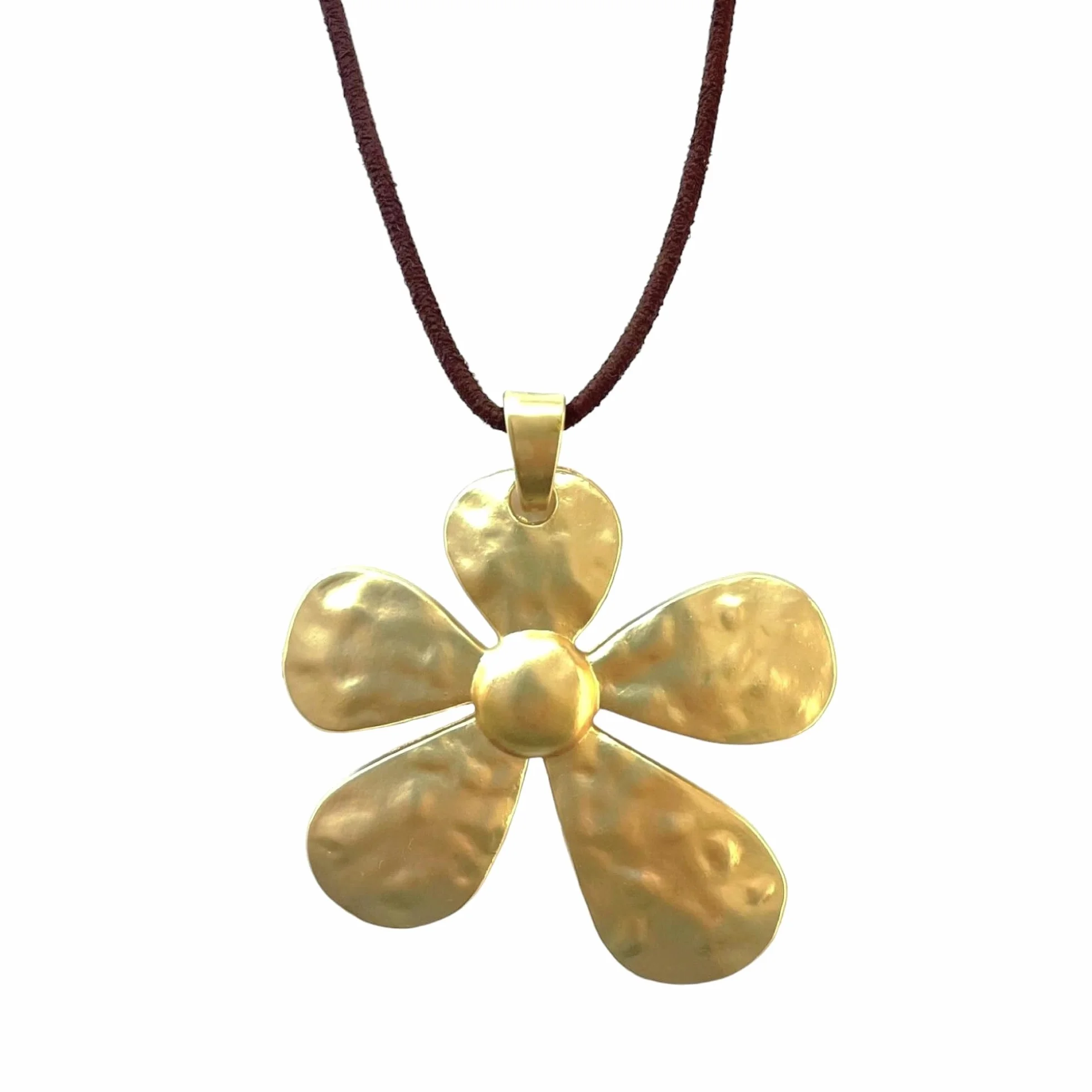 ASTER ALHELÍ – Colgante Mujer Flor Grande Dorado con Cordón de Ante Marrón – Collar Largo Mujer Ajustable Estilo Bohemio – Joyería Artesanal Ideal para Regalo (Dorado)