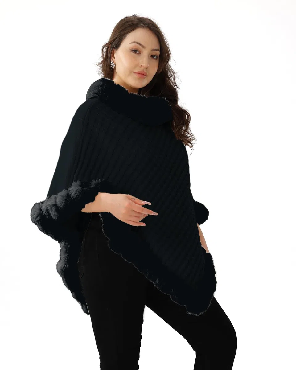 Poncho de Punto para Mujer Capa Invierno Térmica con Piel Sintética Cálido Elegante Chal con Cuello Redondo