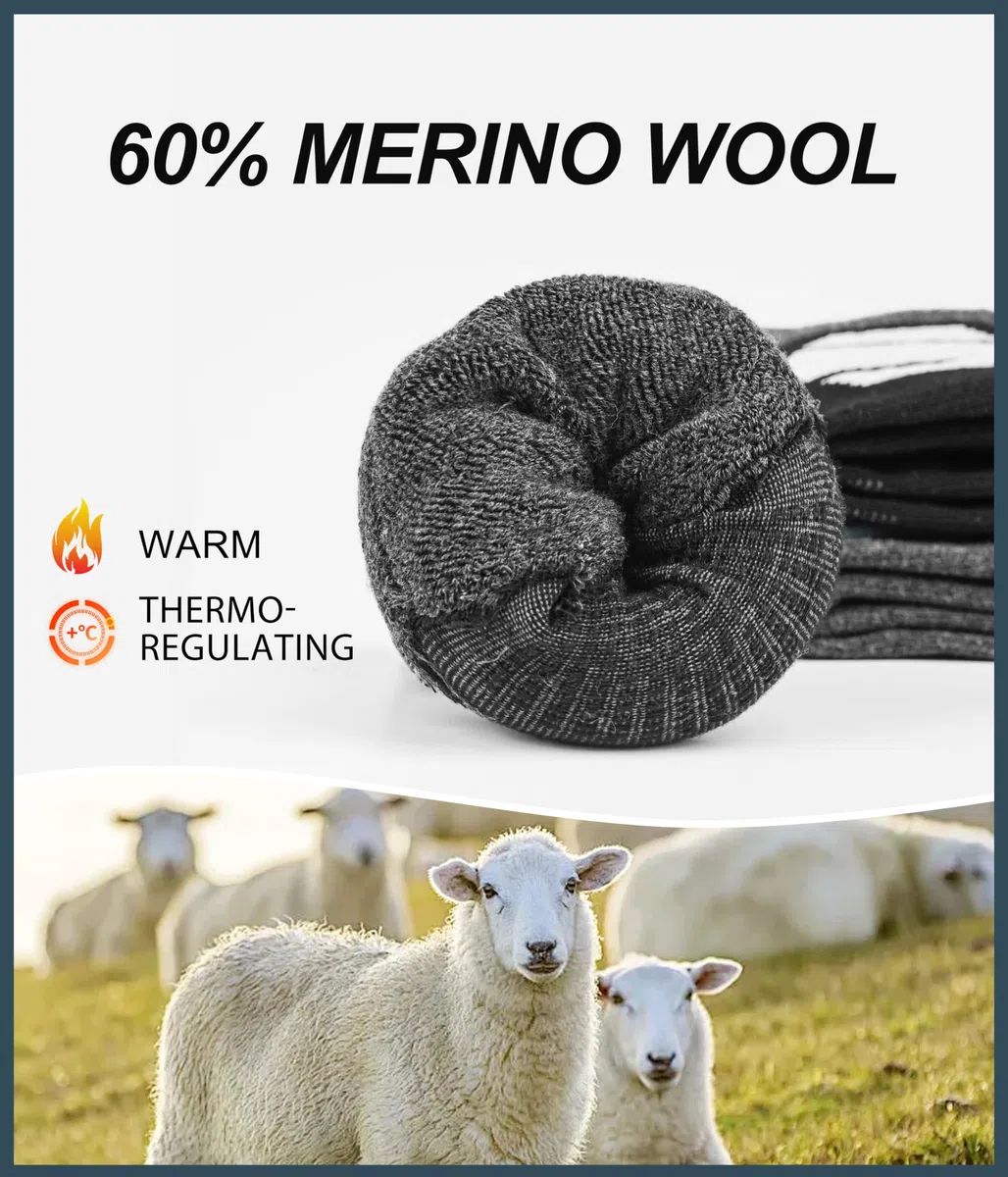 YESWEL Calcetas de esquí para hombres y mujeres de lana merino, 2 pares, calcetas térmicas cálidas, calcetas gruesas de felpa negras para deporte