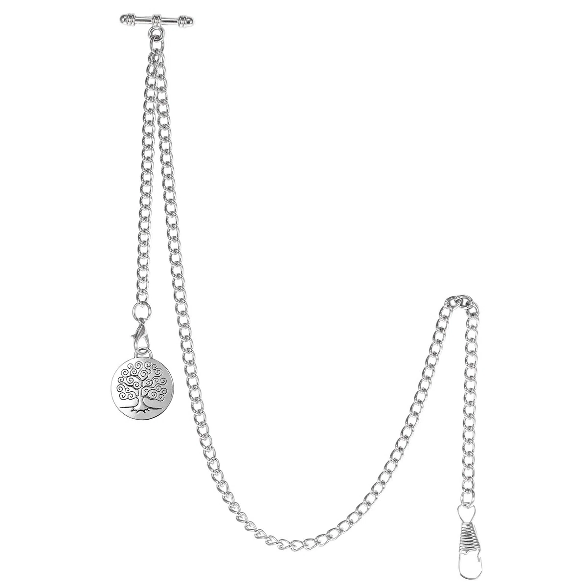 TREEWETO Cadena de reloj de bolsillo con barra en T para reloj de bolsillo Albert T-Bar con colgante antiguo del árbol de la vida y 2 ganchos para chaleco ojal