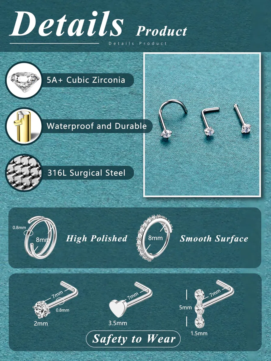 Diamday 32 Piezas Piercing Nariz Mujer Hombre Acero Quirúrgico Hipoalergénico Clavo Nasal Transparente de Acrílico Forma L Recta y Espiral Piercing Nostril Hélice Trago Joyería Corporal 18G 20G