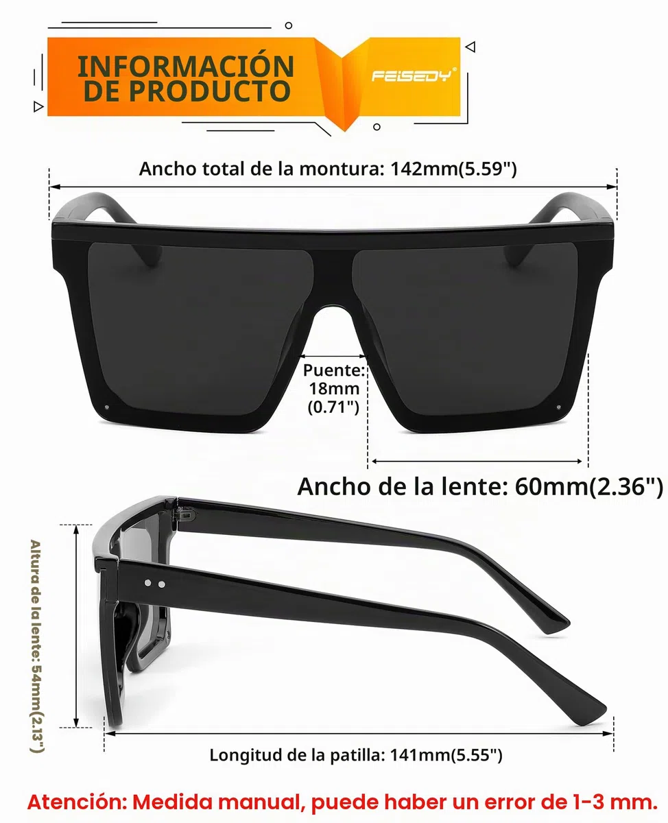 FEISEDY Gafas de Sol Hombre Cuadradas de Lente Siamés de Moda UV400 Gafas de Sol Grandes con Tapa Plana para Hombre y Mujer B2470
