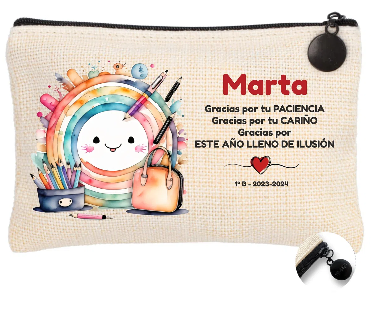 Worfull - Neceser Personalizado - Mujer Personalizado - Estuche Maquillaje. Neceser Viaje- Estuche lapices-Profesora Primaria-Tejido Lino. 23,5x15cm. c/Tirador - Varios diseños. (Arcoiris LAPICERO)