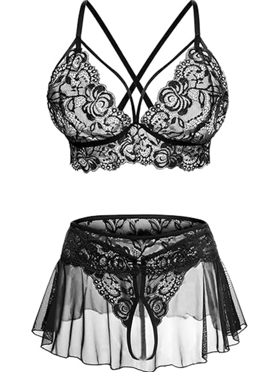 JFAN Conjunto Lencería para Mujer 3 Piezas Transparente Cuello en V de Encaje Mini Babydoll Floral Conjunto de Push Up Sujetador y Tanga