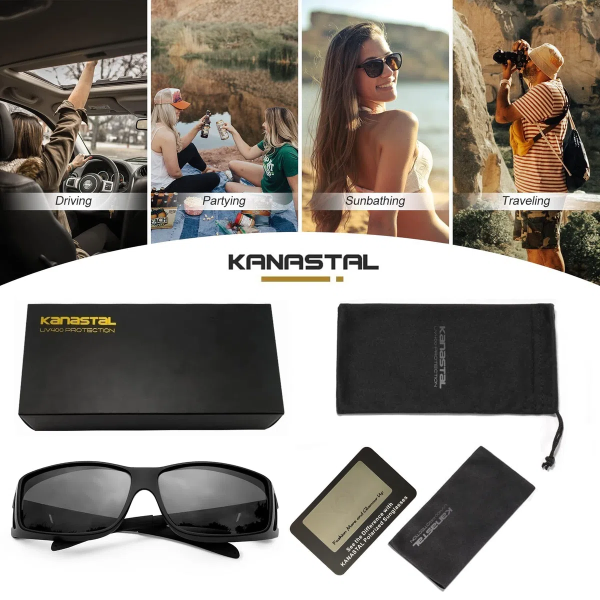 KANASTAL Alta protección UV Gafas de Sol Superpuestas Polarizadas TR90 Ultraligero Rectangulares Protección UV400, Conducción, Deportes al Aire Libre y Viajes
