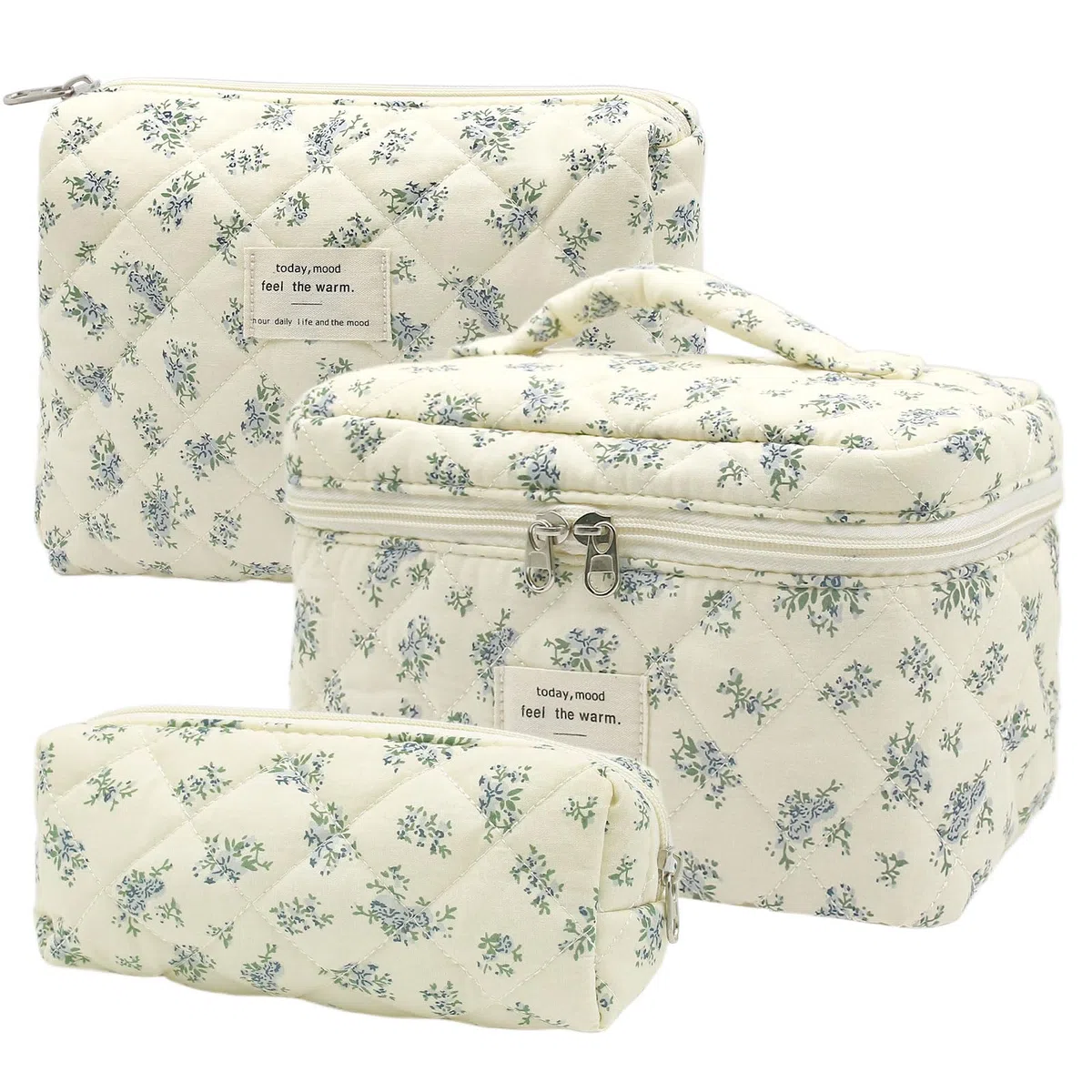 3 Piezas Neceser Mujer con Estampado de Flores, Neceser Viaje Mujer de Algodón, Neceser Mujer Maquillaje, Neceser de Viaj, Neceser Mujeres Grande para Mujeres y Niña (Flores Azules)