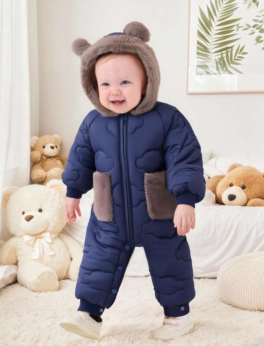 FEOYA Traje de nieve para bebé de forro polar con capucha, traje de esquí para niños, traje de invierno para niña, traje de esquí grueso, traje impermeable cálido de plumón, acolchado para exteriores