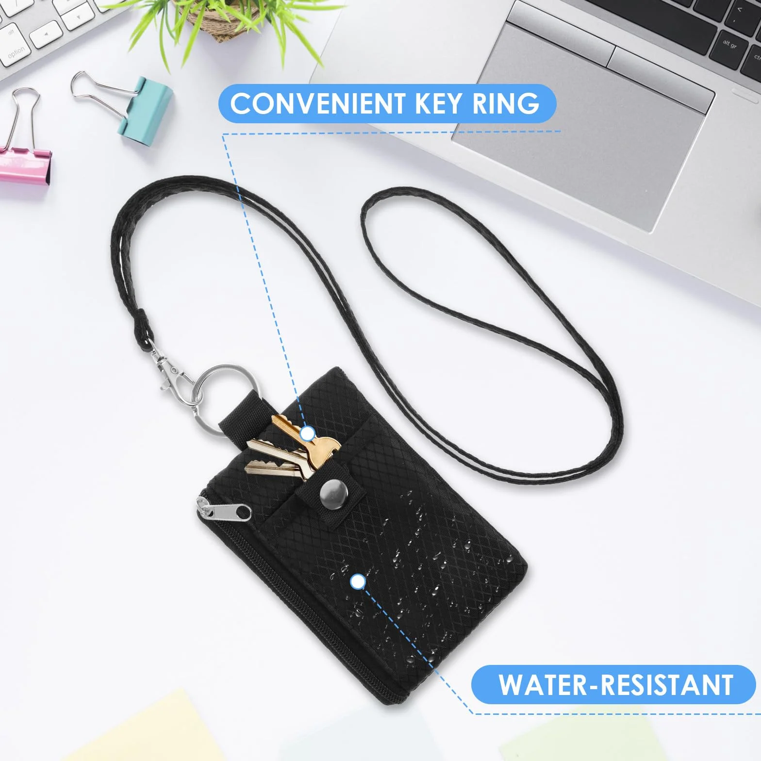 Cartera pequeña anti-RFID resistente al agua con cremallera y titular de la insignia con cordón llavero y ventana para tarjetas de identificación para mujeres, hombres, niños y niñas, para tarjetas