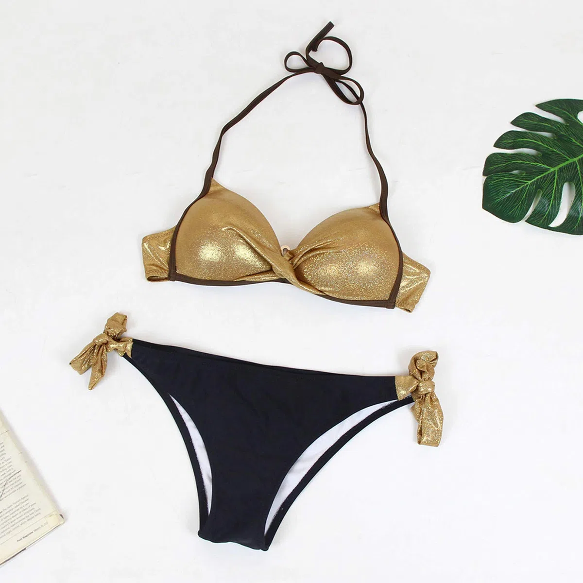 Generisch 2025 Brasileño Hacer Deslizar Conjunto Traje de Baño Patchwork Mujeres Bikini Lentejuelas Playa Conjunto Tops Hombres Mostaza