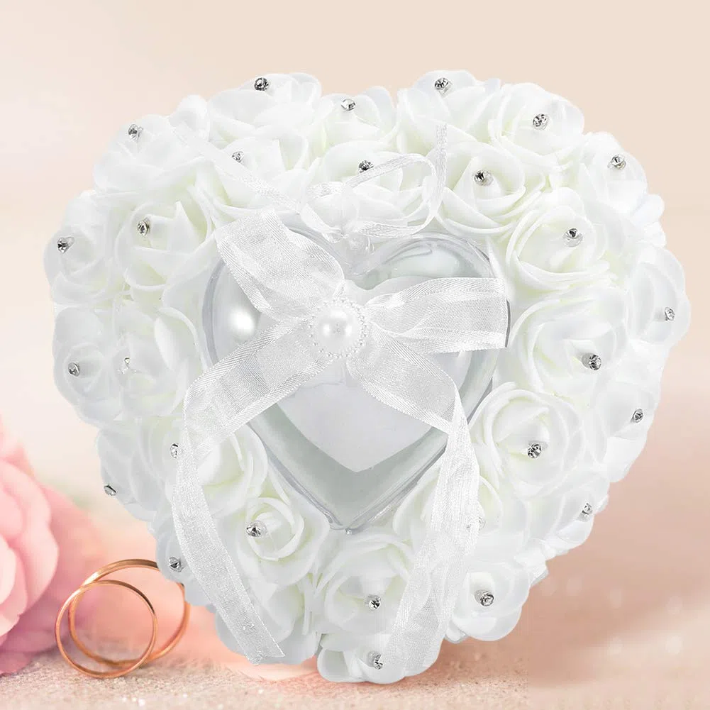 Almohada de Anillo de Boda, Caja de Anillo de Boda para Portador de Anillo en Forma de Corazón para Compromiso de Propuesta, Caja de Anillo de Corazón de Boda de Rosa de Cristal de Encaje(Blanco)