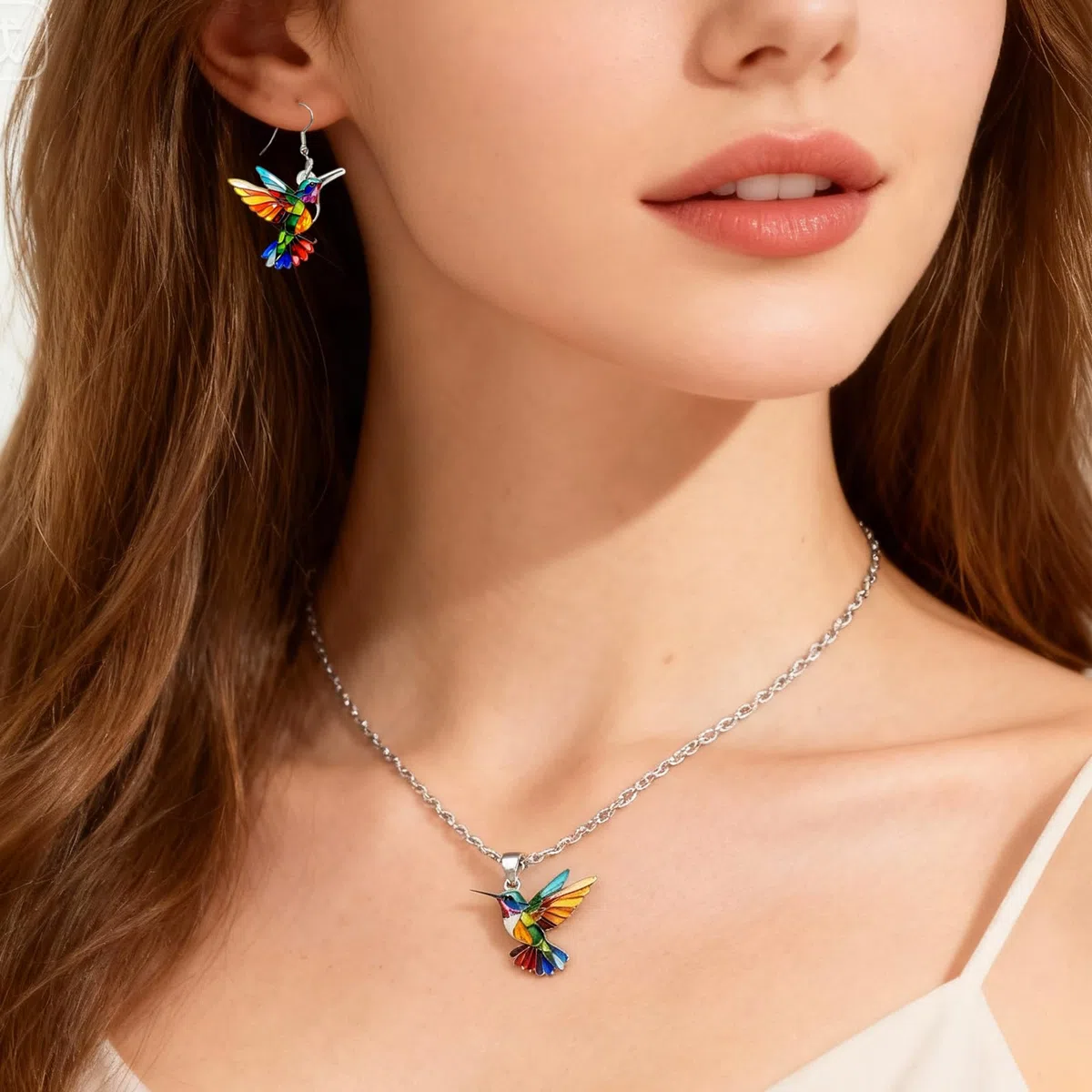 Collar de colibrí, aretes de gota de colibrí, colgante colorido acrílico 2D, regalos de Navidad para mujeres amantes de los pájaros