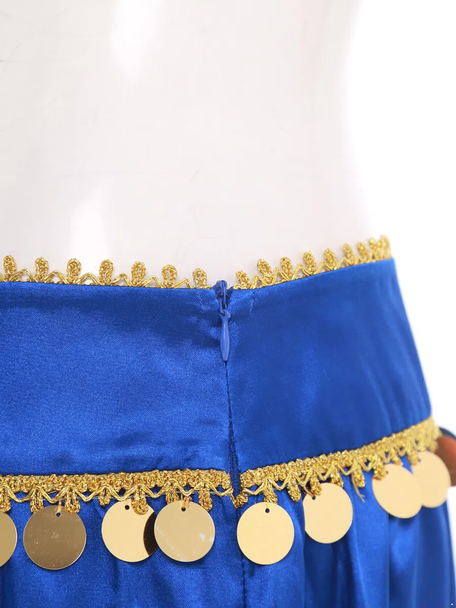 MSemis Pantalones Largos de Bombachos para Danza del Vientre Disfraz Mujer Pantalones Satén Detalles con Monedas Brillantes en Cinturón para Fiesta Actuación S-XXL