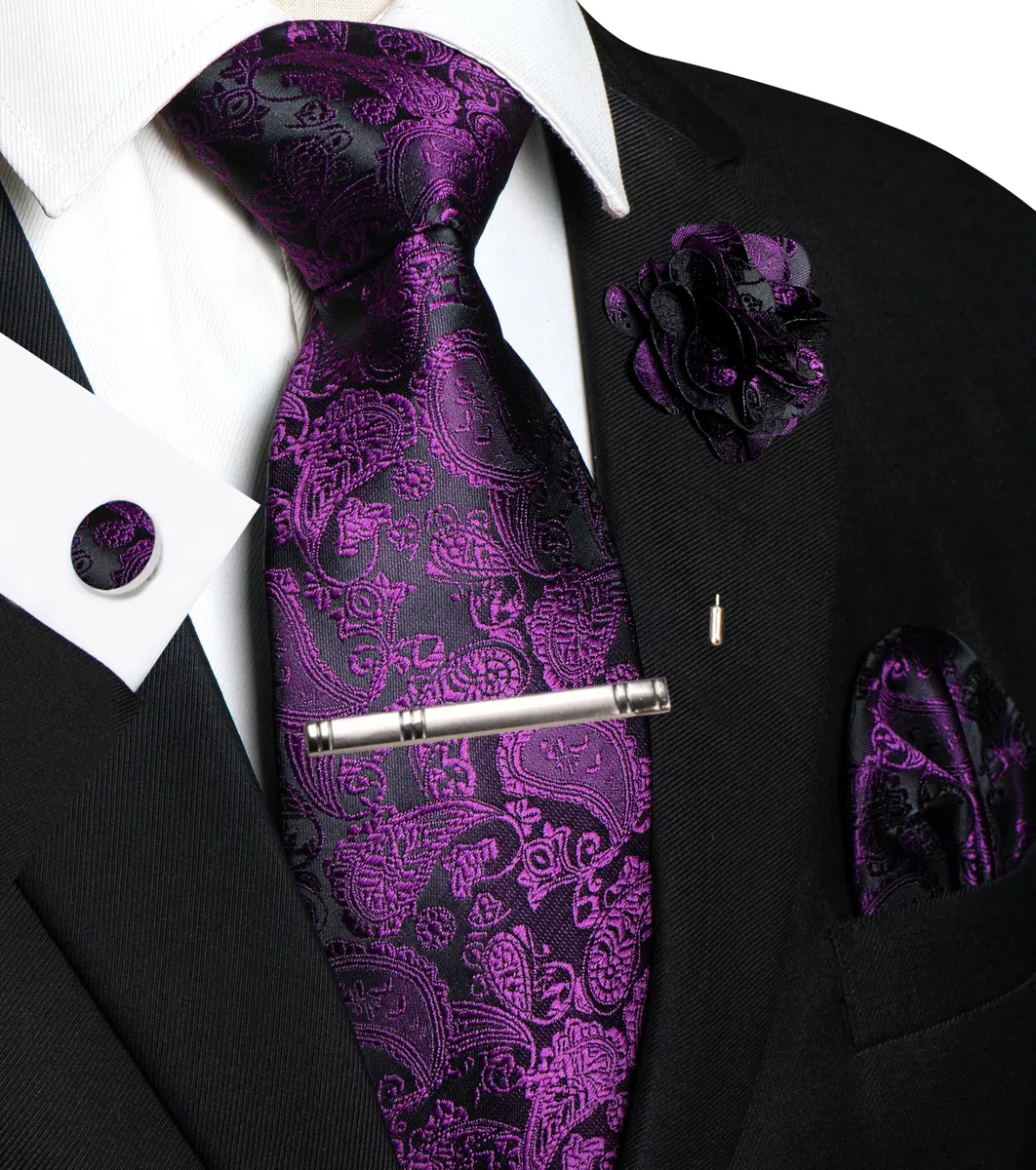 JEMYGINS Corbata de cachemira para hombre con pañuelo de bolsillo, clip de corbata, broche de flores y gemelos