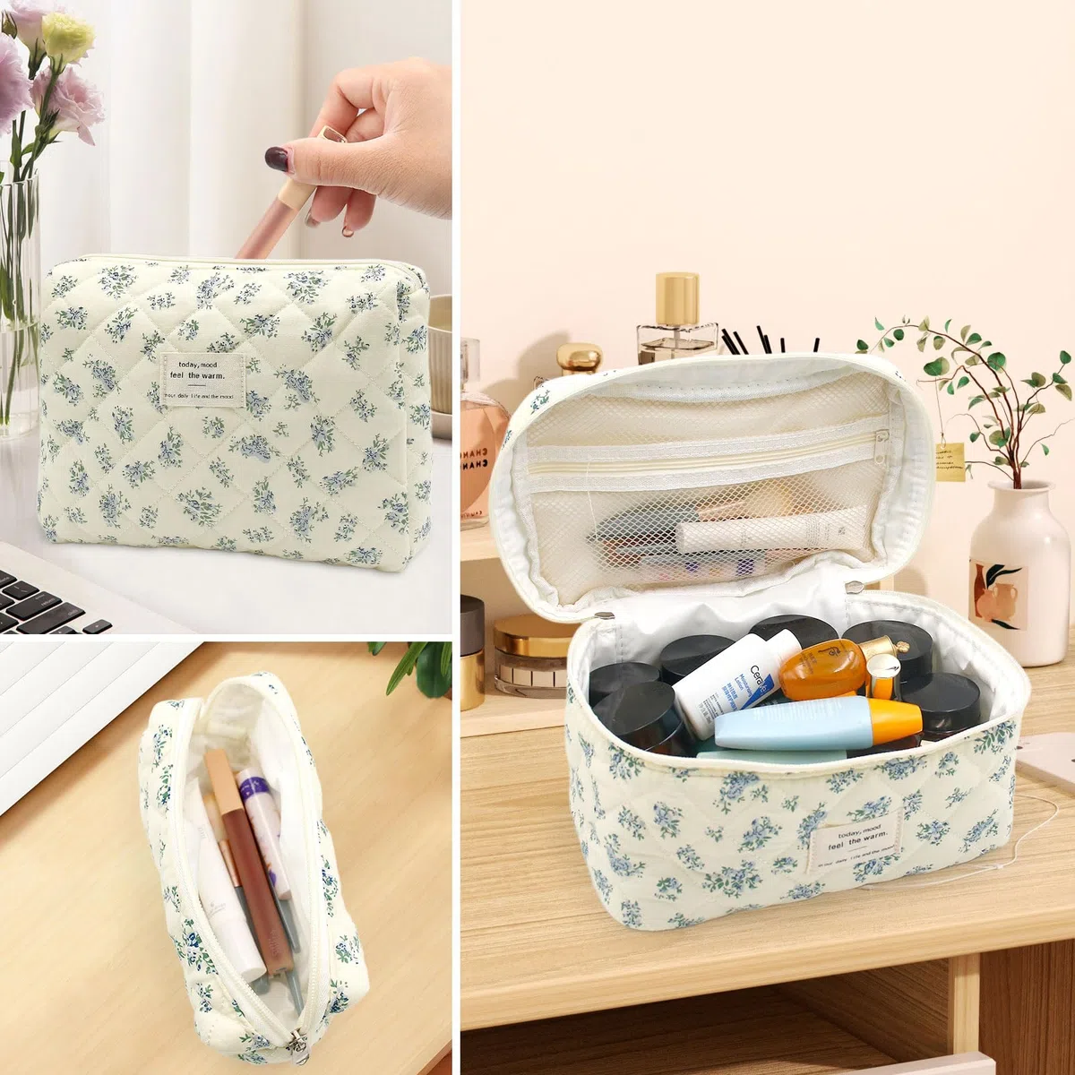 3 Piezas Neceser Mujer con Estampado de Flores, Neceser Viaje Mujer de Algodón, Neceser Mujer Maquillaje, Neceser de Viaj, Neceser Mujeres Grande para Mujeres y Niña (Flores Azules)