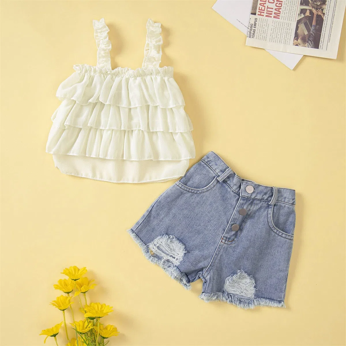 Conjunto de Pantalones Cortos y Camiseta para Bebé Niña Algodón Sólido Sin Mangas Jeans Ropa Primavera Verano
