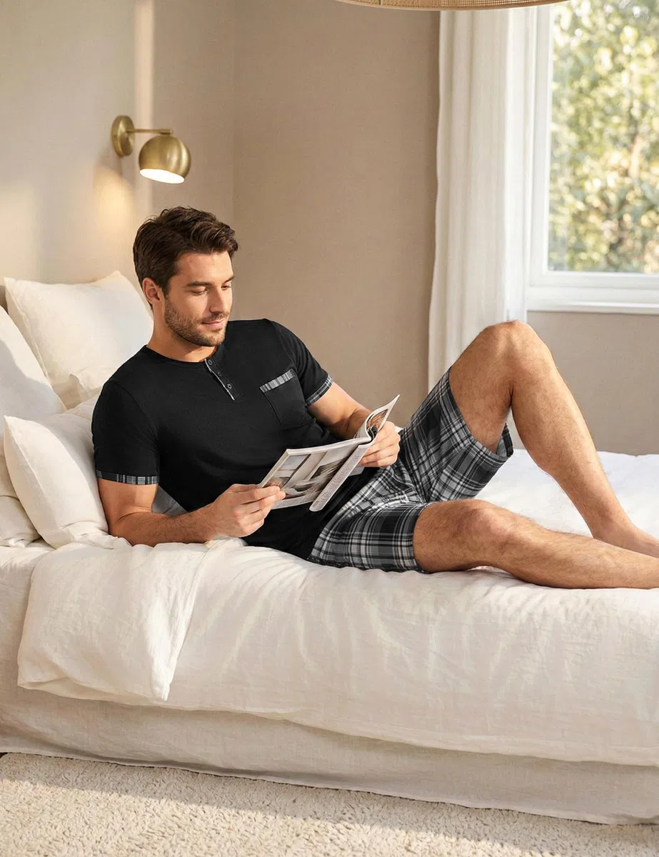 Uniexcosm Pijamas Hombre Verano Corto Algodón, Pijamas Cuadros Hombre Pijama Algodón Ropa de Casa Cuello Redondo con Abertura Abotonada Manga Corta con Bolsillos y Pantalón con Bolsillo