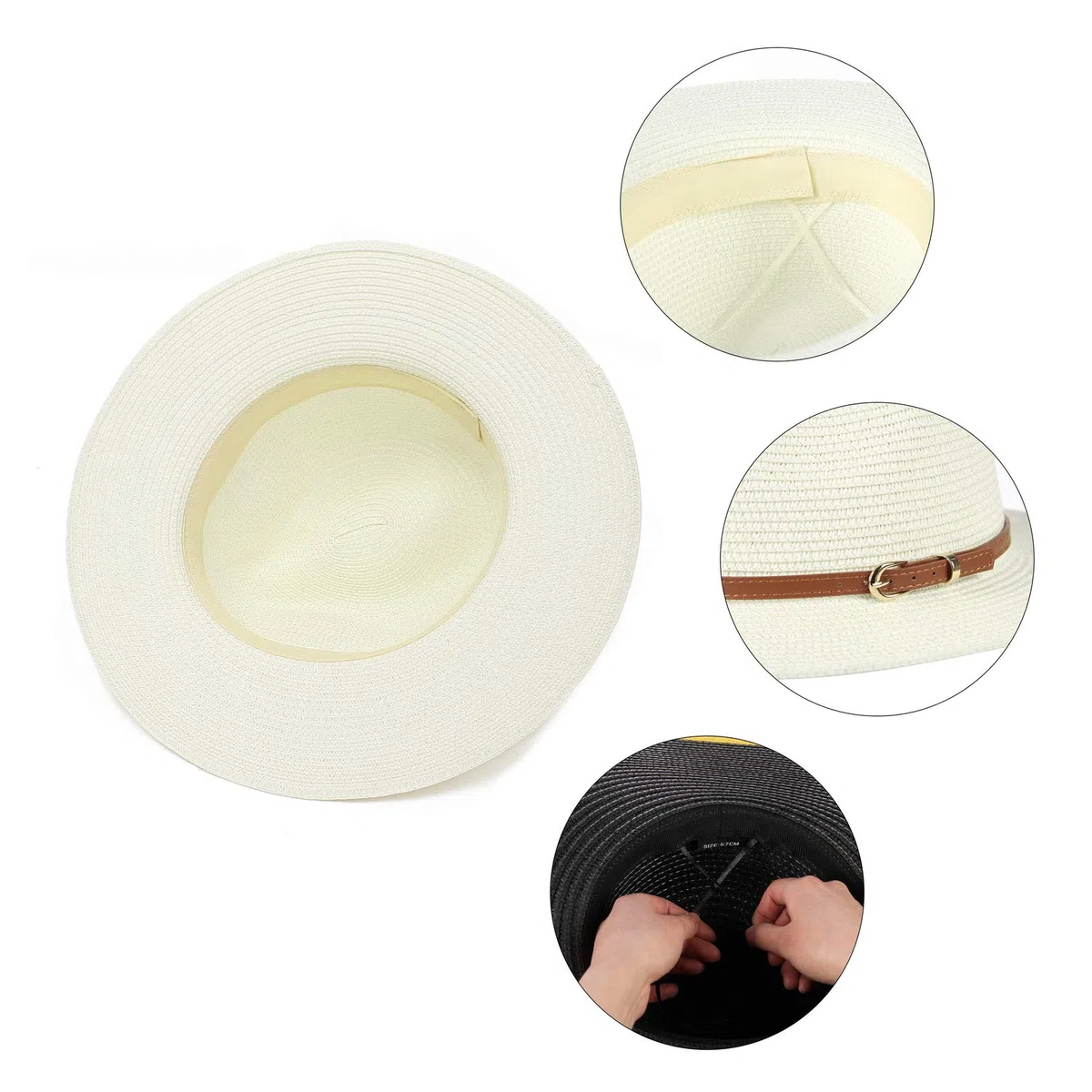 Sombreros de paja para mujeres y hombres, sombrero de verano Panamá Fedora con cinturón de cuero, ala ancha, gorra de jazz para playa