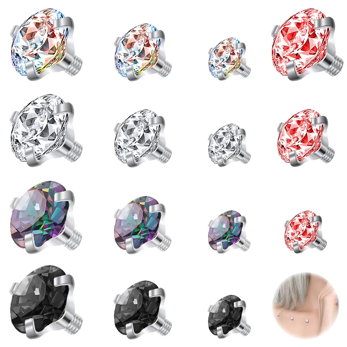 ZS 15 piercings dérmicos de acero inoxidable de 16 g, 2,5/3/4 mm, circonita cúbica, ancla dérmica, para hombres y mujeres