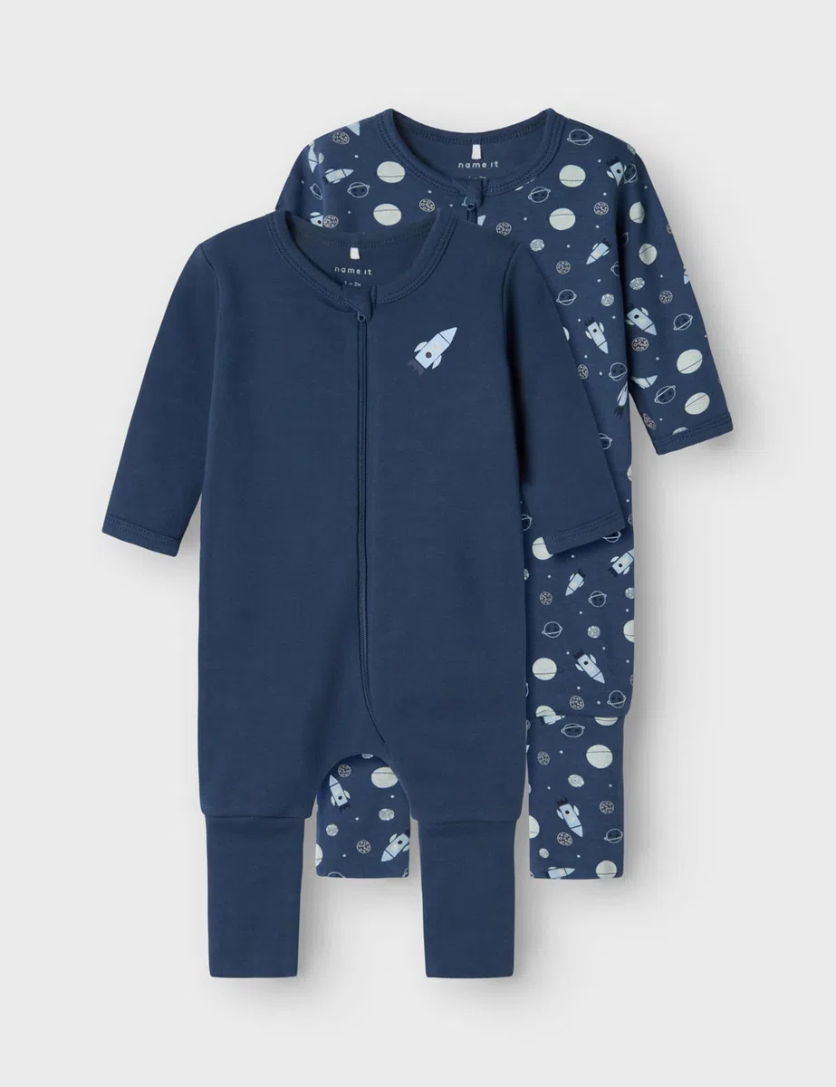 NAME IT Nbmnightsuit 2p Zip FF Dark Space Noos Mono Bebé-Niños (Pack de 2)