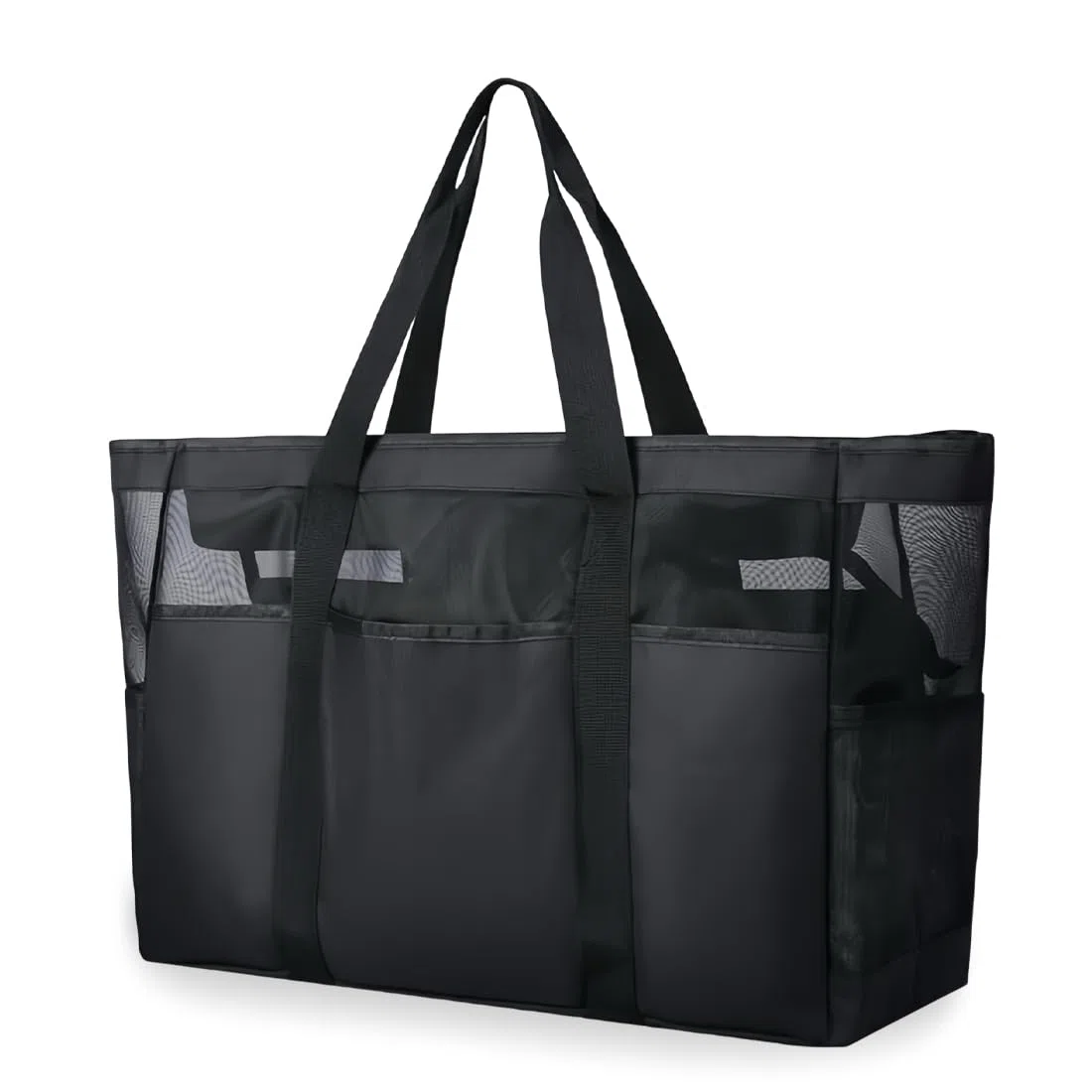 Bolso de Playa de Malla Negro XXL Familiar con Cremallera,50 * 34 * 20cm Bolso de Playa para Mujer Grande,Impermeable Bolsa Playa para Viaje Compras Playa
