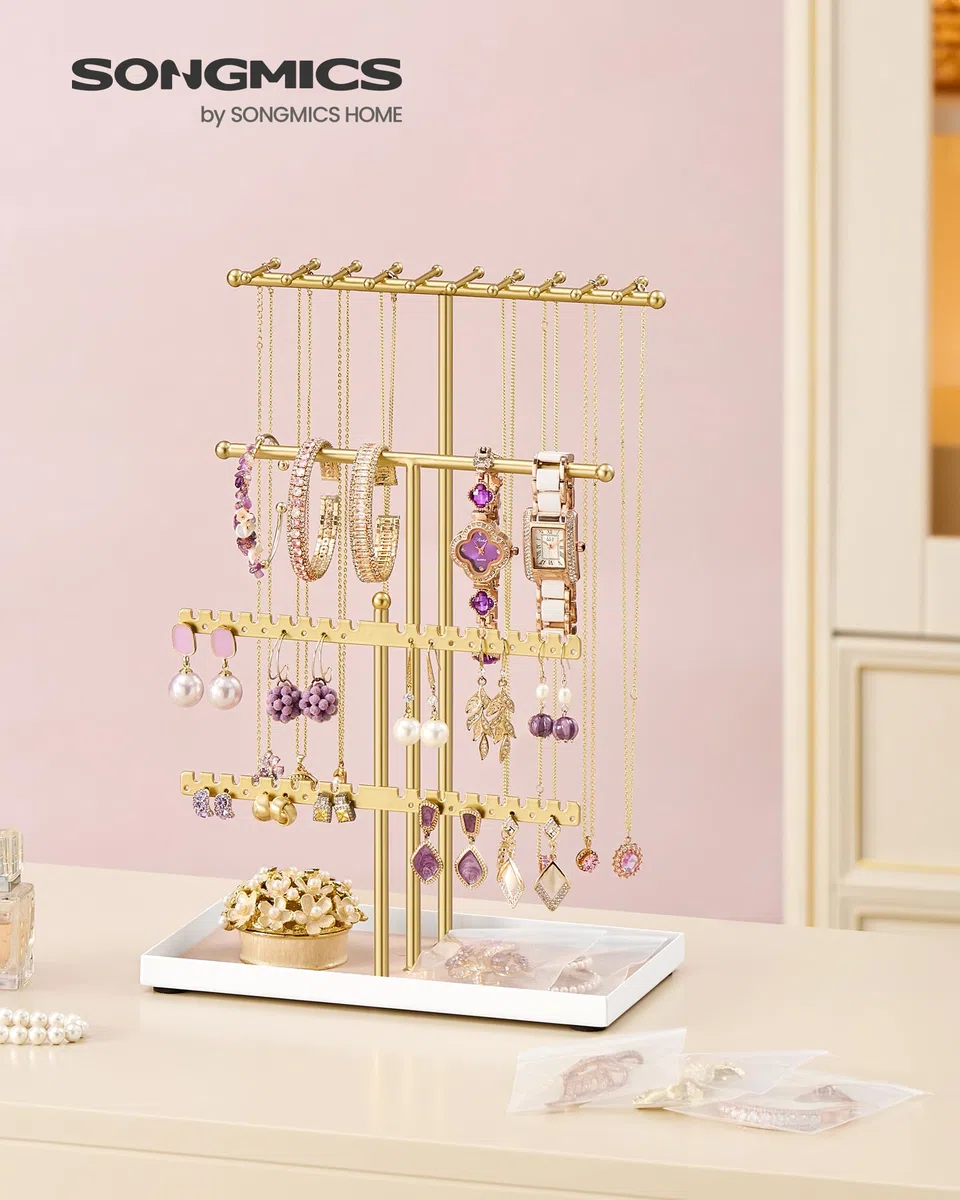 SONGMICS Portajoyas, Soporte para Joyas, Marco de Metal, Bandeja de Terciopelo, para Collares, Pulseras, Pendientes, Aretes y Anillos, Idea de Regalo, Dorado Claro JJS036AB01